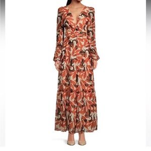 NWT Gianni Bini Lillian Copper Palm Print Deep V-Neck Cut-Out Tiered Dress